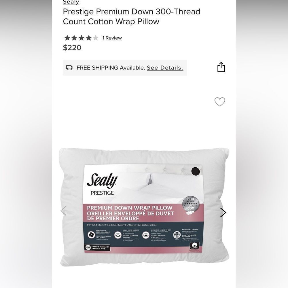 Sealy Prestige Premium Down 300-Thread Count Cotton Wrap Pillow. NEW